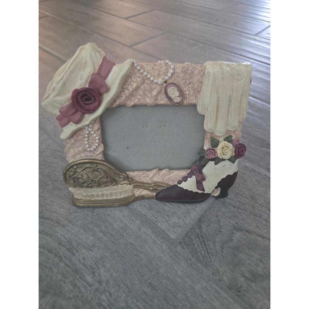 Vintage Victorian Rose Picture Frame Resin Hat Shoe Decor Photo Girly Pearl Pink